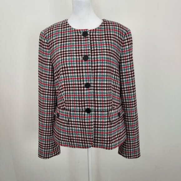 Talbots Houndstooth Plaid Wool Blend Collarless Blazer Size 12 - Picture 1 of 8